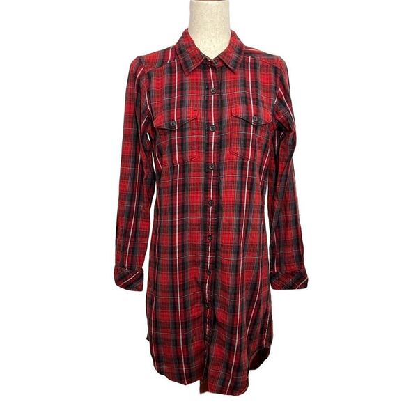 Kavu Dresses & Skirts - Kavu Jurnee Plaid Flannel Dress Red Black Button Front Long Sleeve Women's Sz S
